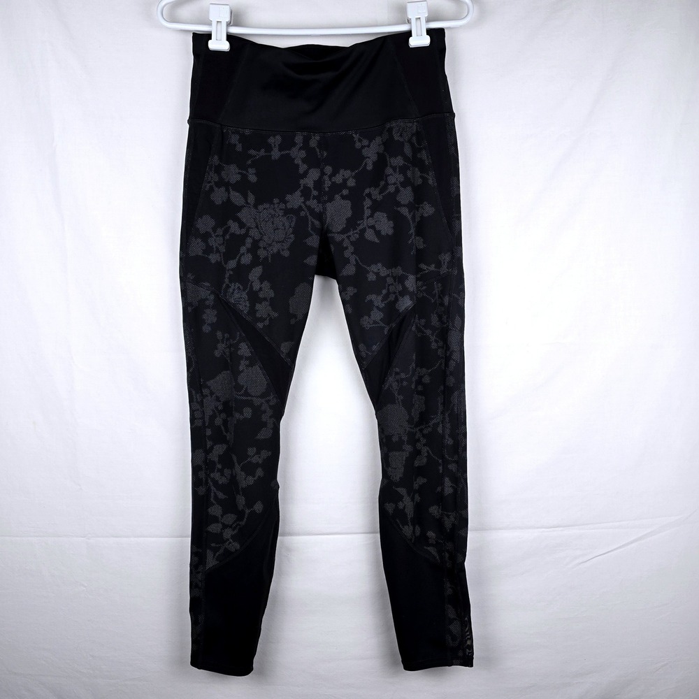 Athleta Womens Black Floral Mesh Panel High Rise Leggings Size M Zipper Pocket